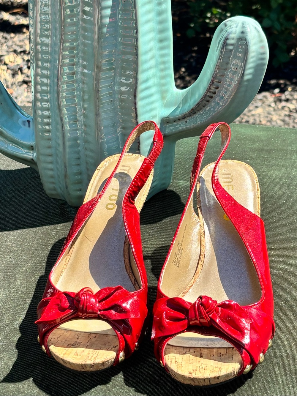 ME TOO “Payton” Red Peep-Toe Slingback Wedge Sandals with Knot Detail